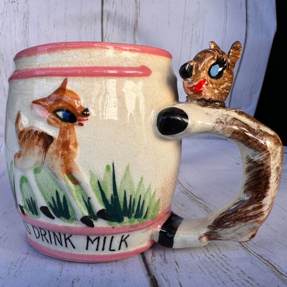 Vintage Ceramic "Always Drink Milk" Bambi Japan Cup Child's Mug Fawn Deer Chase